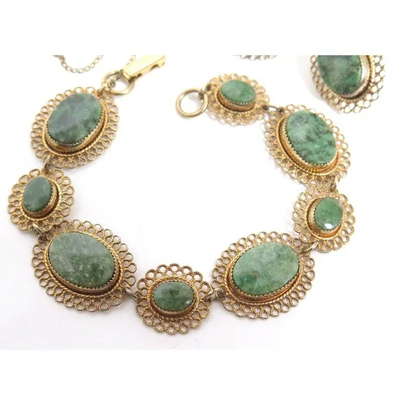 Vintage BEAU STERLING Signed Gold Vermeil Filigree Jade Cab Bracelet & Earrings